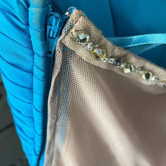 7/8 Hailey Logan by Adrianna Papell Blue Tan Rhinestone Back One Strap Dress - Picture 4 of 6